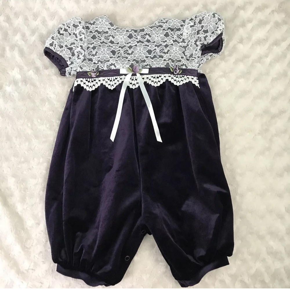 Jessica Ann Velvet Romper Size 6-9 Months Purple White Lace Bow Floral Detail